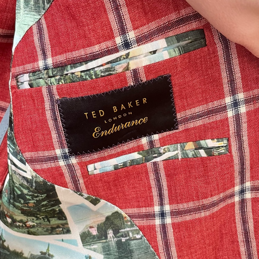 Ted Baker Endurance Linen Windowpane Check Plaid Linen Blazer Red Size 40R - Picture 11 of 13